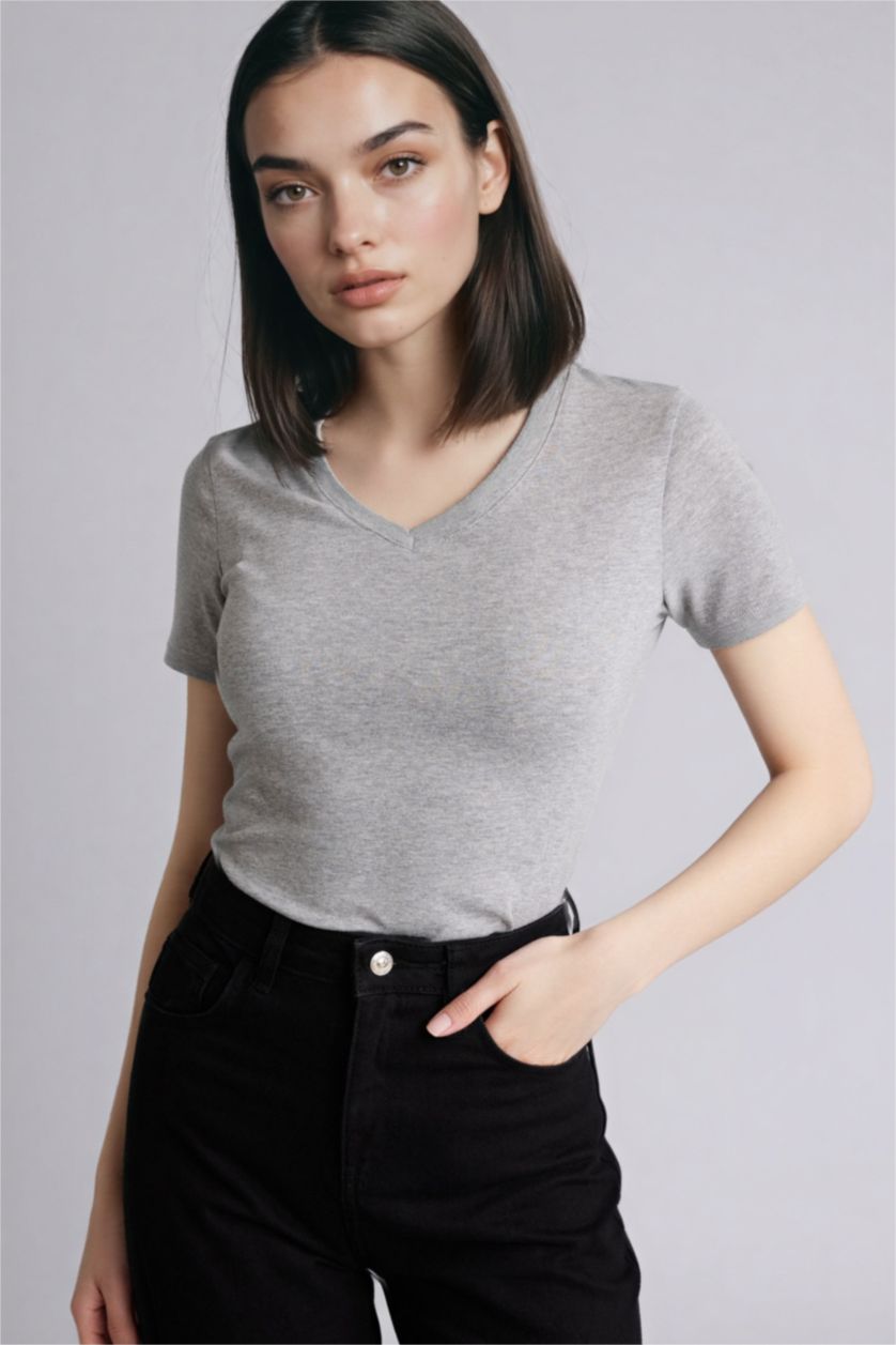 WOMAN Grey Melange Slim Fit V-Neck Basic Ribbed Short Sleeve T-Shirt