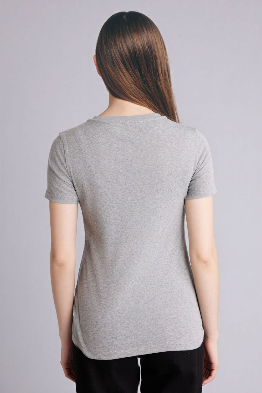 WOMAN Grey Melange Slim Fit V-Neck Basic Ribbed Short Sleeve T-Shirt