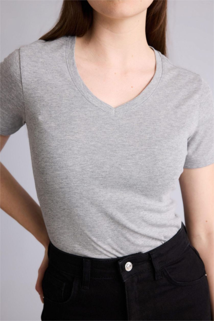 WOMAN Grey Melange Slim Fit V-Neck Basic Ribbed Short Sleeve T-Shirt