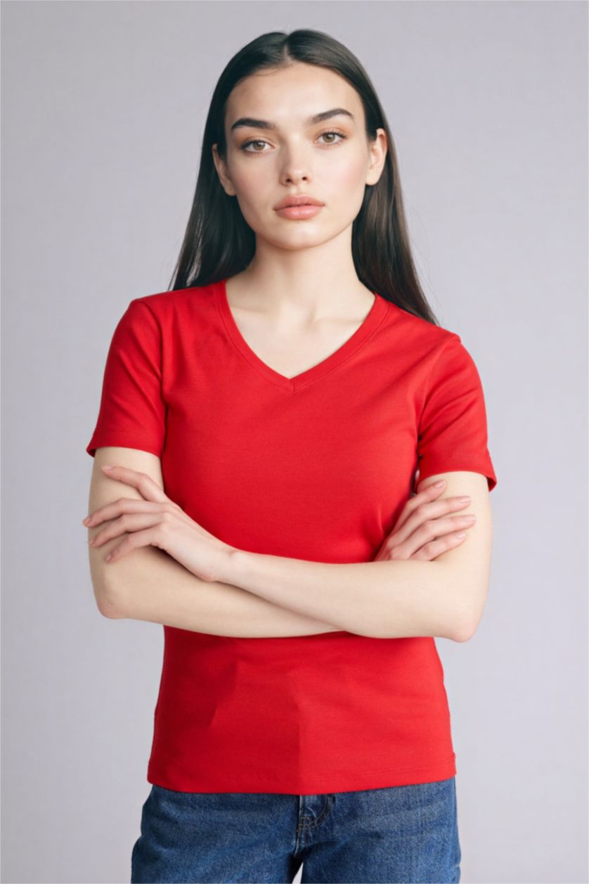WOMAN Red Slim Fit V-Neck Basic Ribbed Short Sleeve T-Shirt