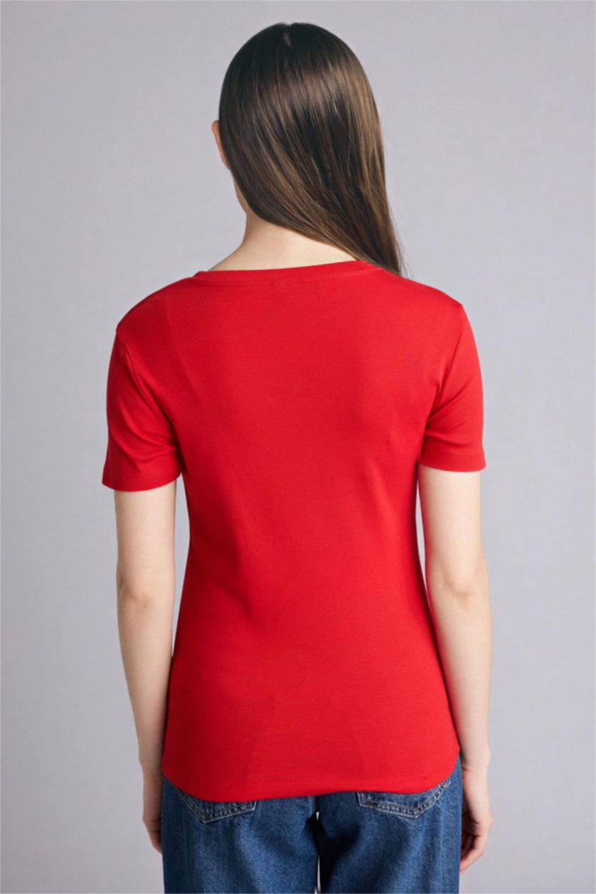 WOMAN Red Slim Fit V-Neck Basic Ribbed Short Sleeve T-Shirt