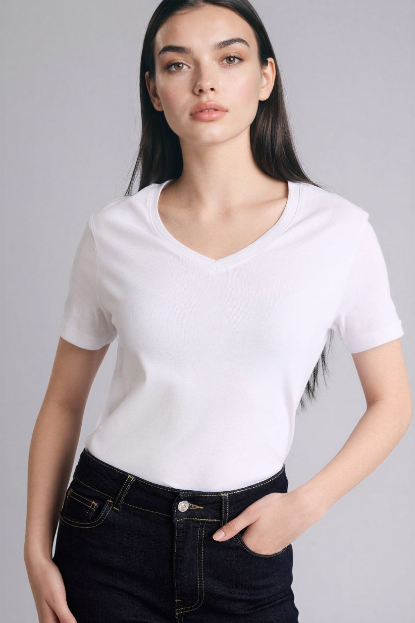 WOMAN White Slim Fit V-Neck Basic Ribbed T-Shirt