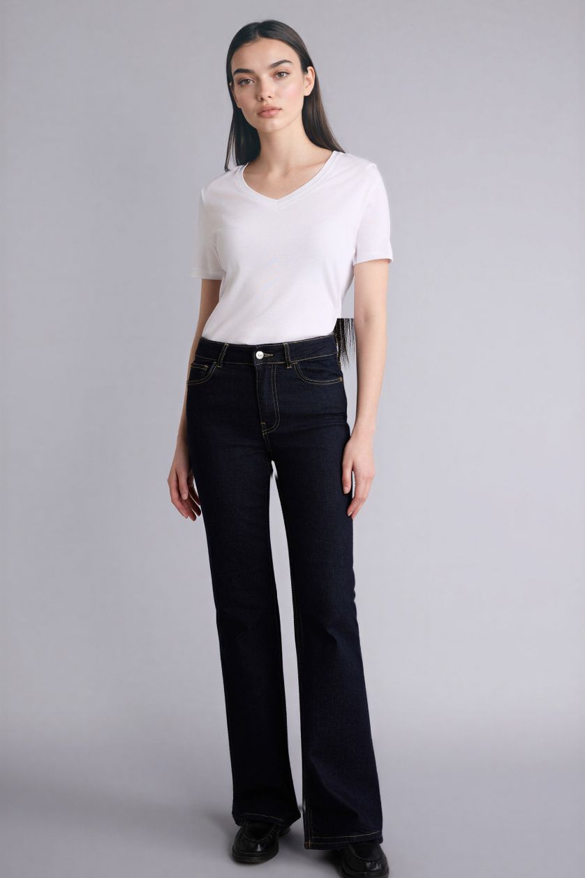 WOMAN White Slim Fit V-Neck Basic Ribbed T-Shirt