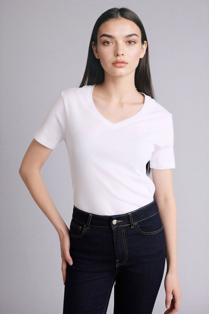 WOMAN White Slim Fit V-Neck Basic Ribbed T-Shirt