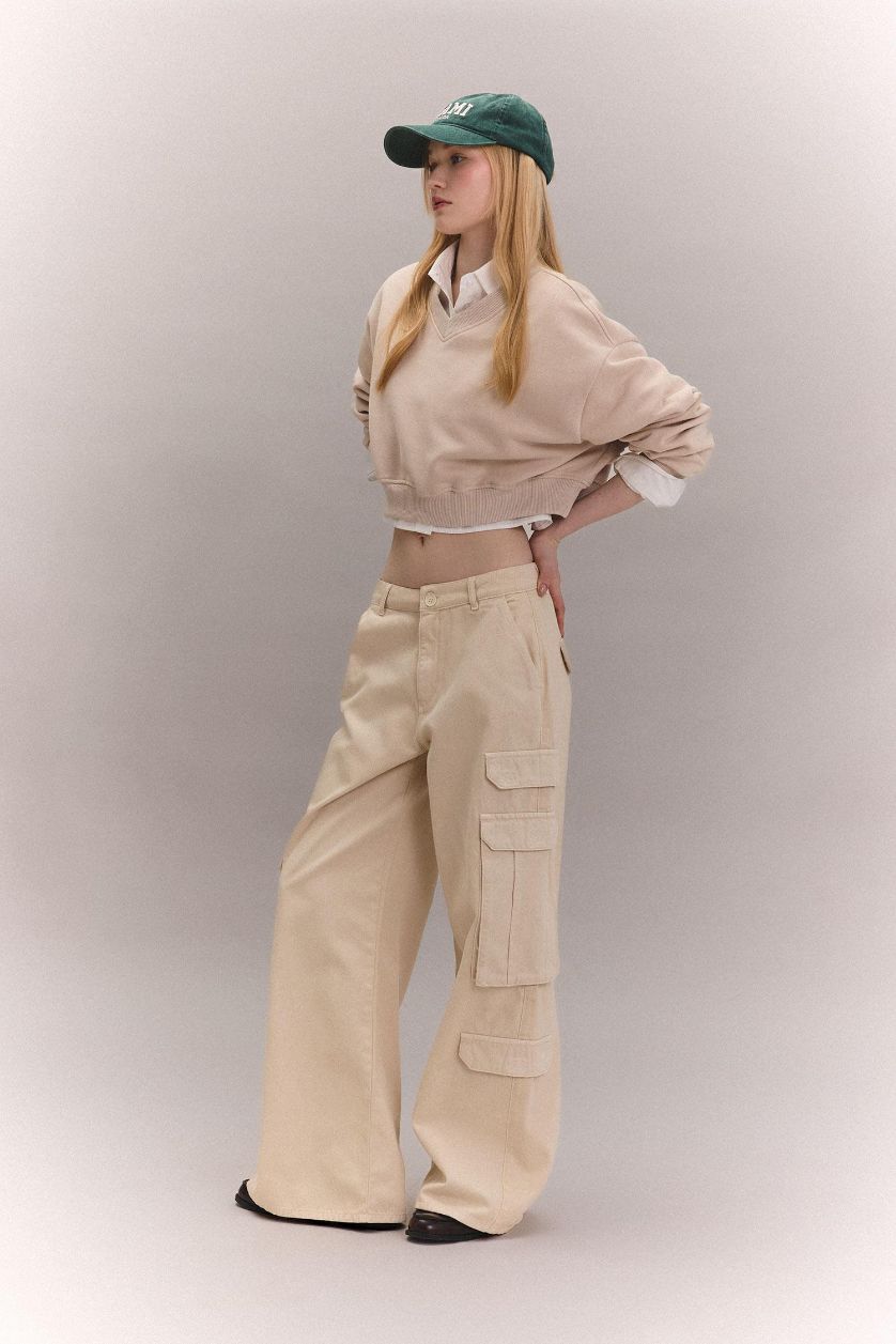 Kadın Taş Basic Düz Wide Leg Geniş Bol Paça Pantolon Gabardin Kumaş Kargo Cepli