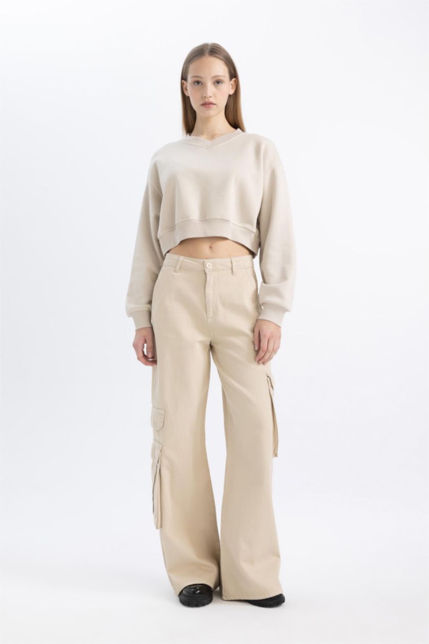 Kadın Taş Basic Düz Wide Leg Geniş Bol Paça Pantolon Gabardin Kumaş Kargo Cepli