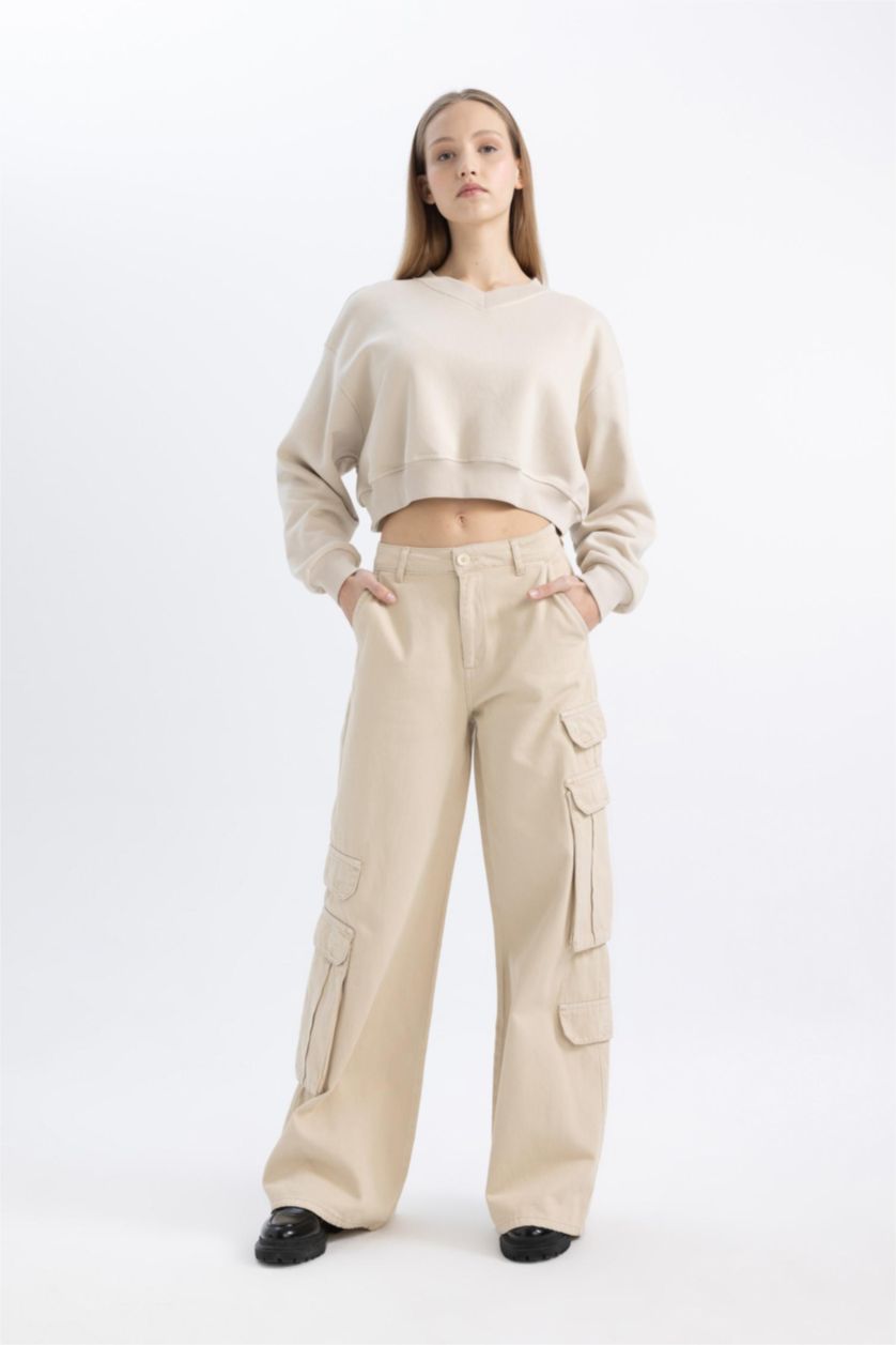 Kadın Taş Basic Düz Wide Leg Geniş Bol Paça Pantolon Gabardin Kumaş Kargo Cepli