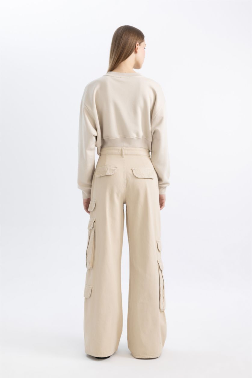 Kadın Taş Basic Düz Wide Leg Geniş Bol Paça Pantolon Gabardin Kumaş Kargo Cepli