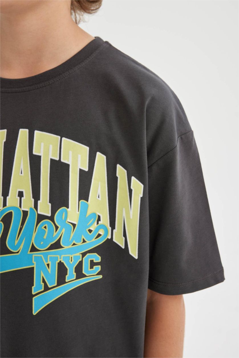 Erkek Çocuk - Genç Erkek Antrasit Oversize Geniş Kalıp Bisiklet Yaka Baskılı Kısa Kollu Tişört Erkek Çocuk