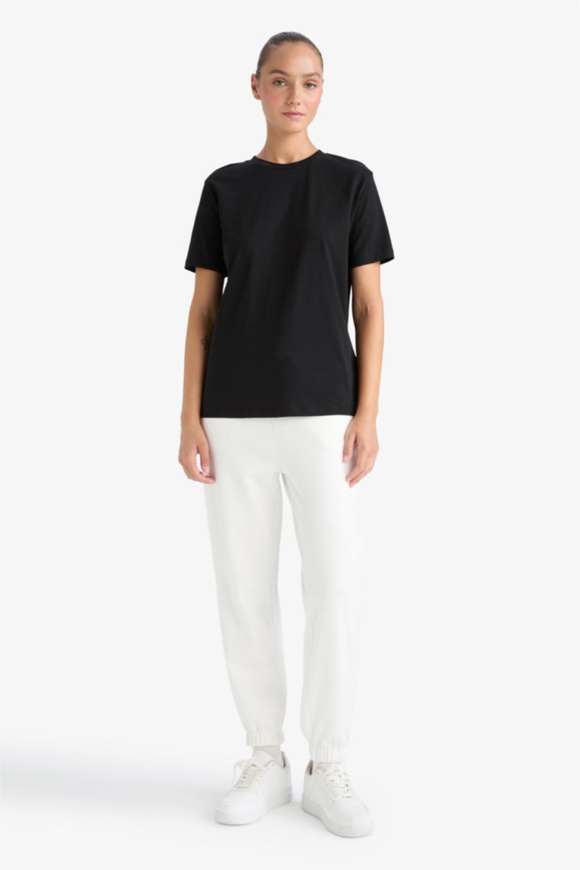 FEMME Noir T-Shirt À Manches Courtes Coupe Régulière Col Ras Du Cou