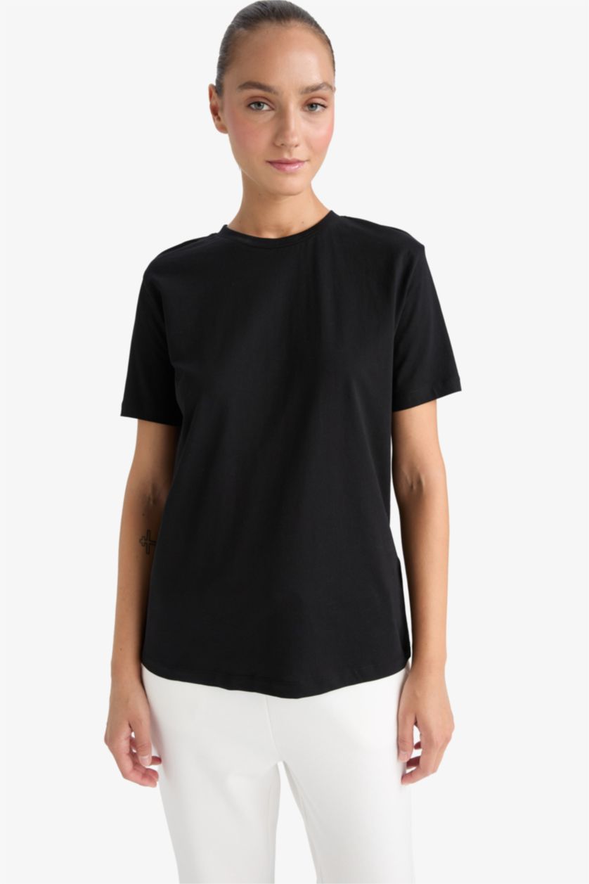 FEMME Noir T-Shirt À Manches Courtes Coupe Régulière Col Ras Du Cou