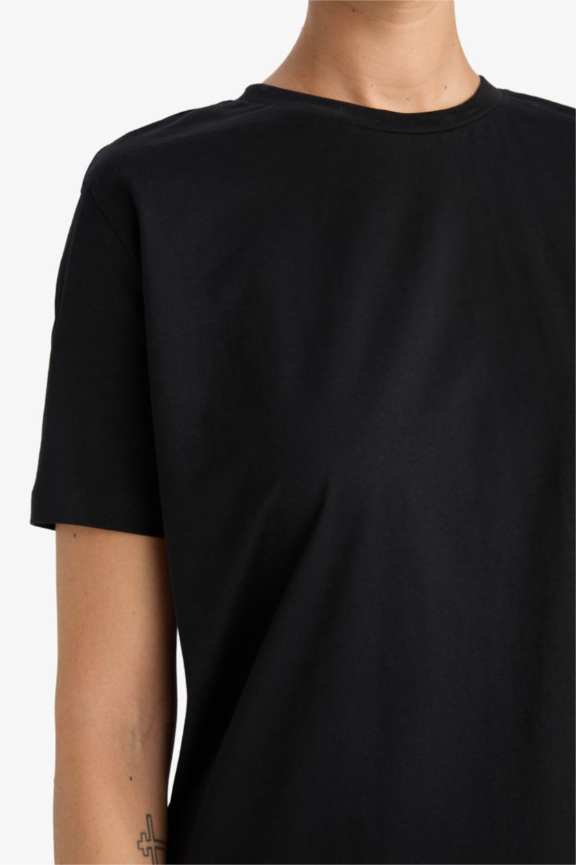 FEMME Noir T-Shirt À Manches Courtes Coupe Régulière Col Ras Du Cou