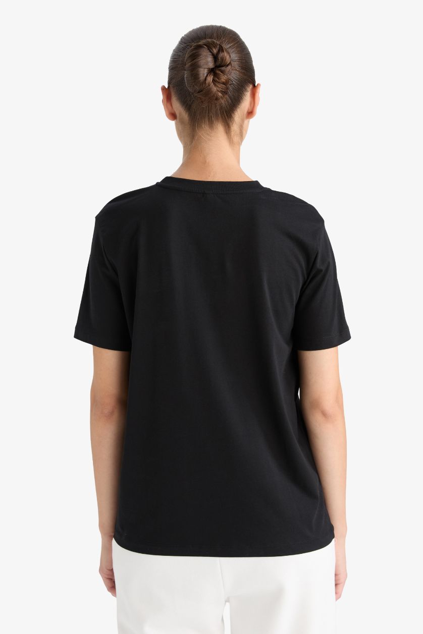 FEMME Noir T-Shirt À Manches Courtes Coupe Régulière Col Ras Du Cou