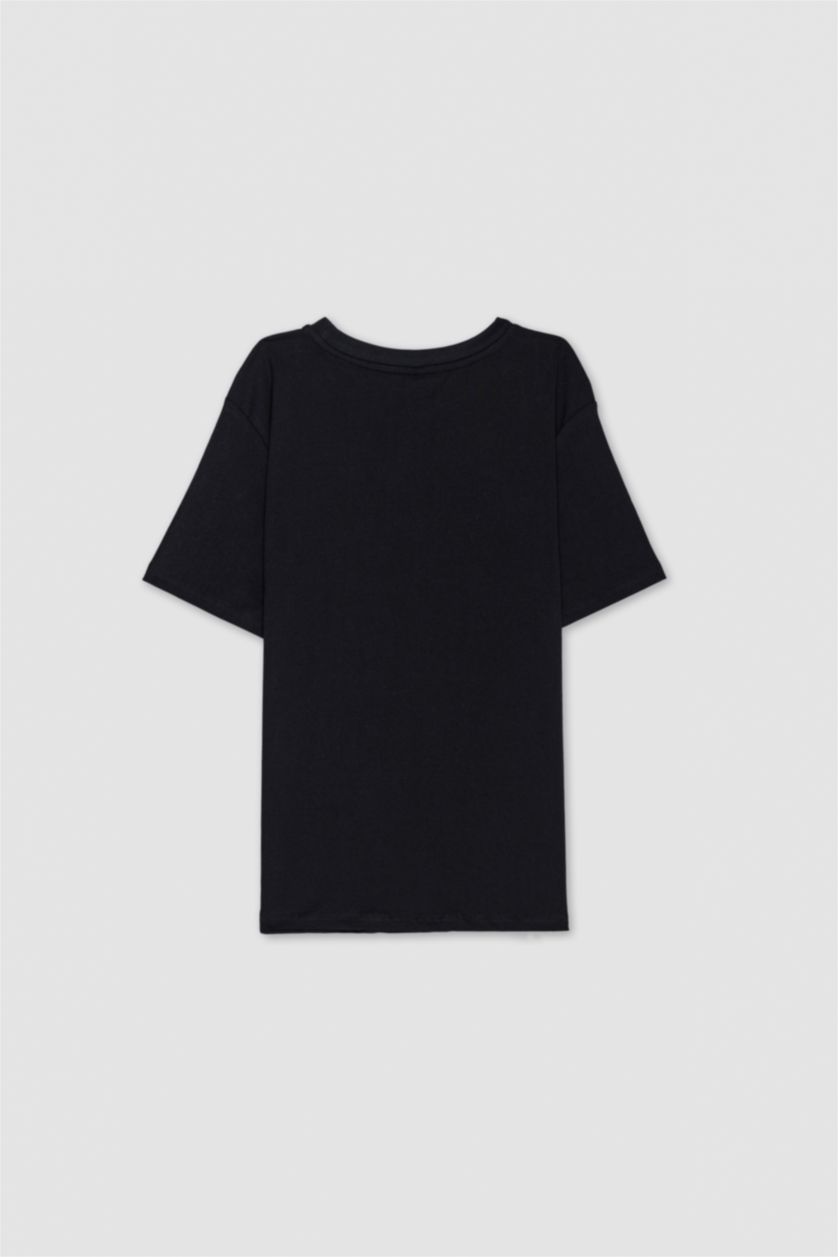 FEMME Noir T-Shirt À Manches Courtes Coupe Régulière Col Ras Du Cou