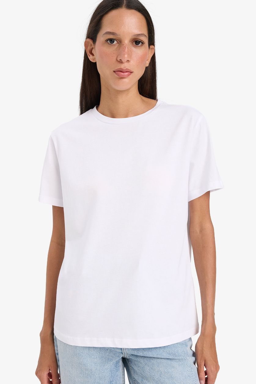 WOMAN White Regular Fit Crew Neck Basic Cotton Short Sleeve T-Shirt