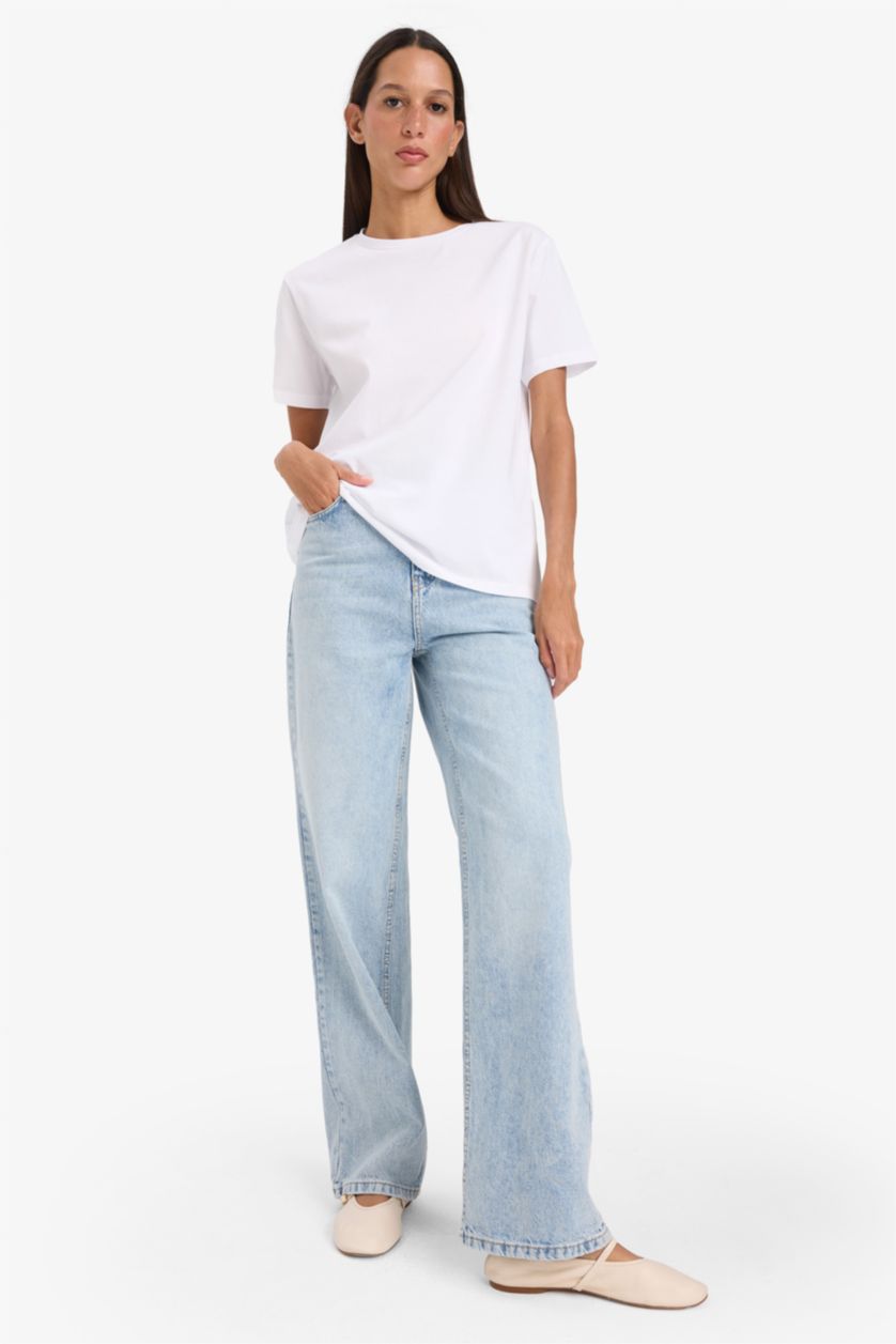 WOMAN White Regular Fit Crew Neck Basic Cotton Short Sleeve T-Shirt