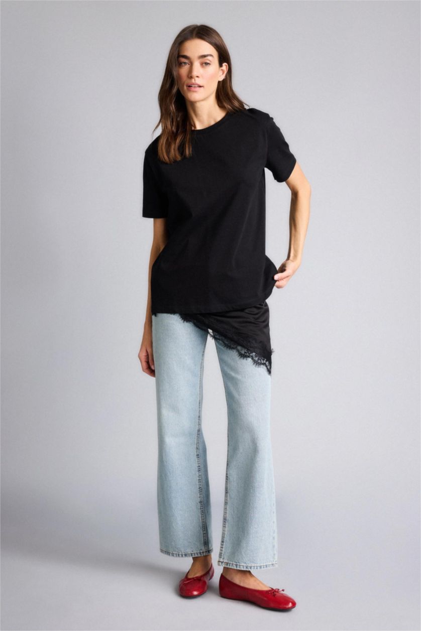 حريمي أسود تيشيرت بيزك سادة نص كم قصة عادية برقبة مستديرة