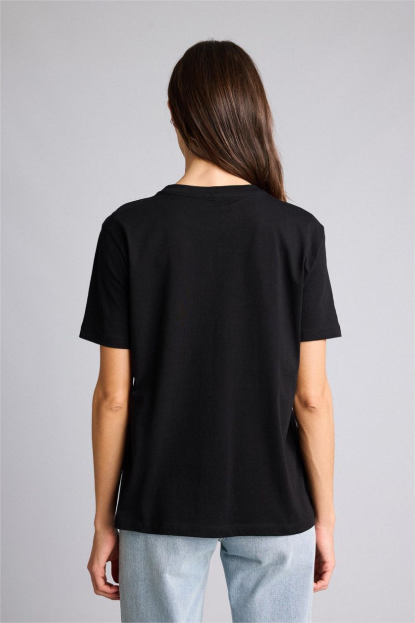 حريمي أسود تيشيرت بيزك سادة نص كم قصة عادية برقبة مستديرة