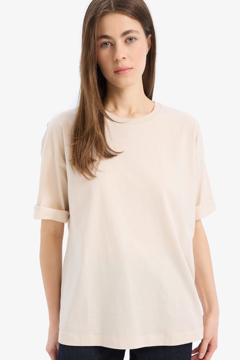 نساء اللون الحجري Oversize Fit Crew Neck Basic Cotton Short Sleeve T-Shirt