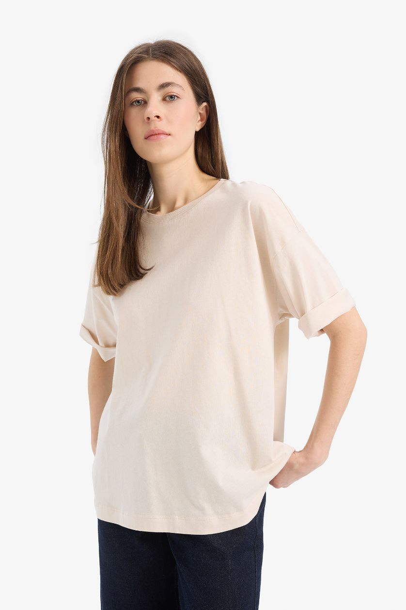 نساء اللون الحجري Oversize Fit Crew Neck Basic Cotton Short Sleeve T-Shirt