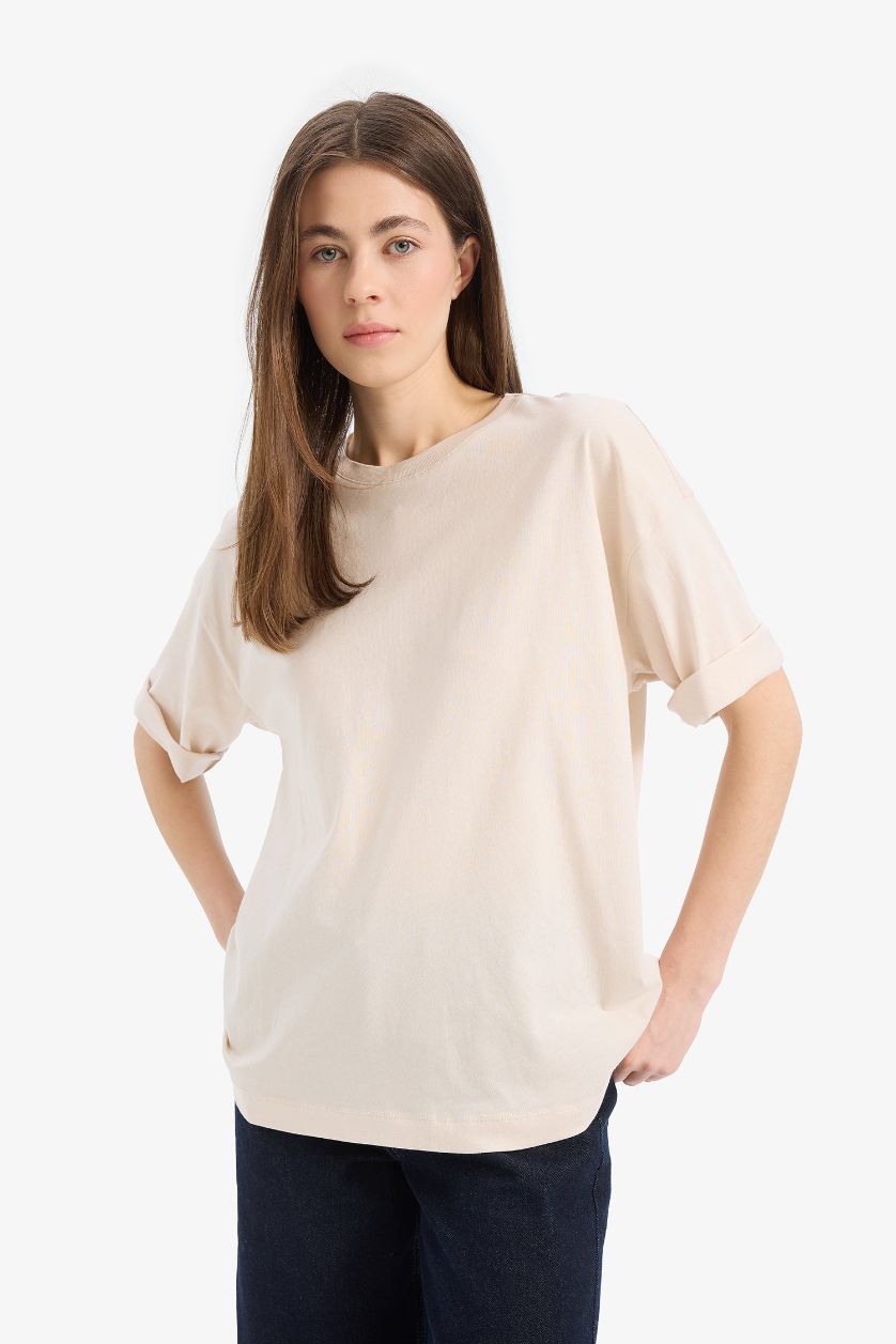 نساء اللون الحجري Oversize Fit Crew Neck Basic Cotton Short Sleeve T-Shirt