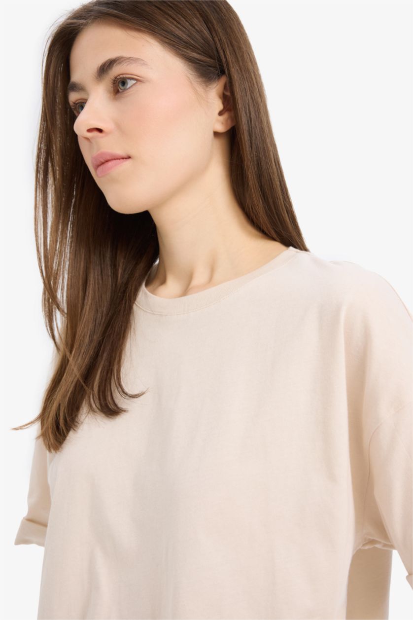 نساء اللون الحجري Oversize Fit Crew Neck Basic Cotton Short Sleeve T-Shirt