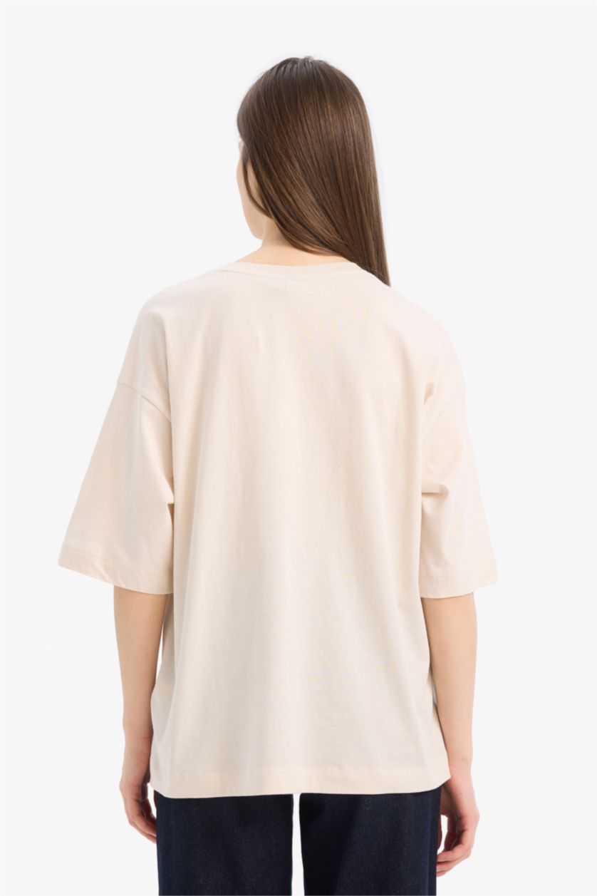نساء اللون الحجري Oversize Fit Crew Neck Basic Cotton Short Sleeve T-Shirt