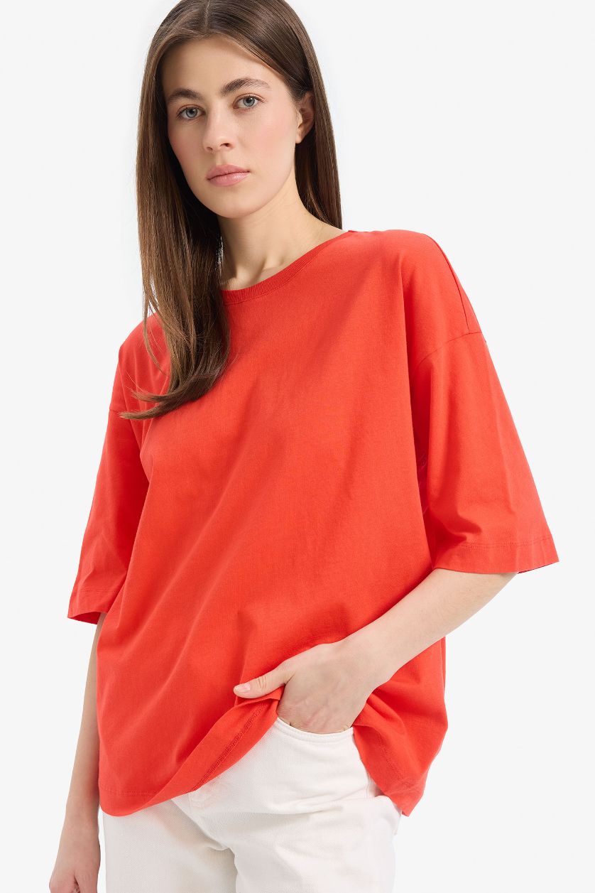 نساء أحمر فاتح Oversize Fit Crew Neck Basic Cotton Short Sleeve T-Shirt