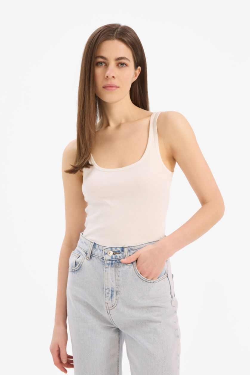 Женщины Бежевый Slim fit футболка без рукавов с круглым вырезом и из ребристой ткани