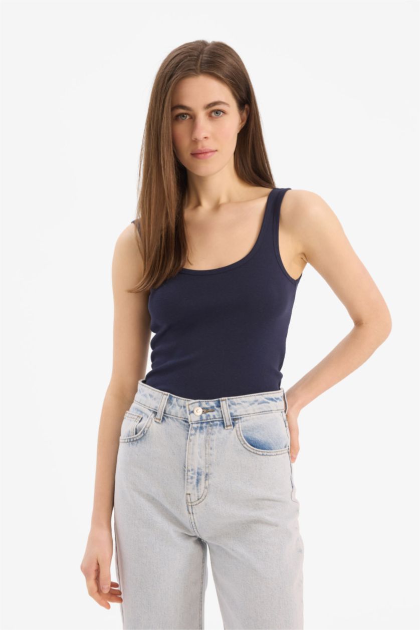 نساء كحلي فانيلة مضلع سليم فيت بياقة مدورة بدون كم بيزك