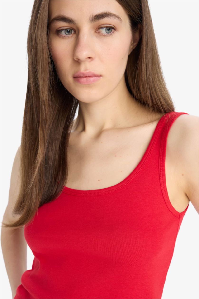 نساء أحمر فانيلة مضلع سليم فيت بياقة مدورة بدون كم بيزك