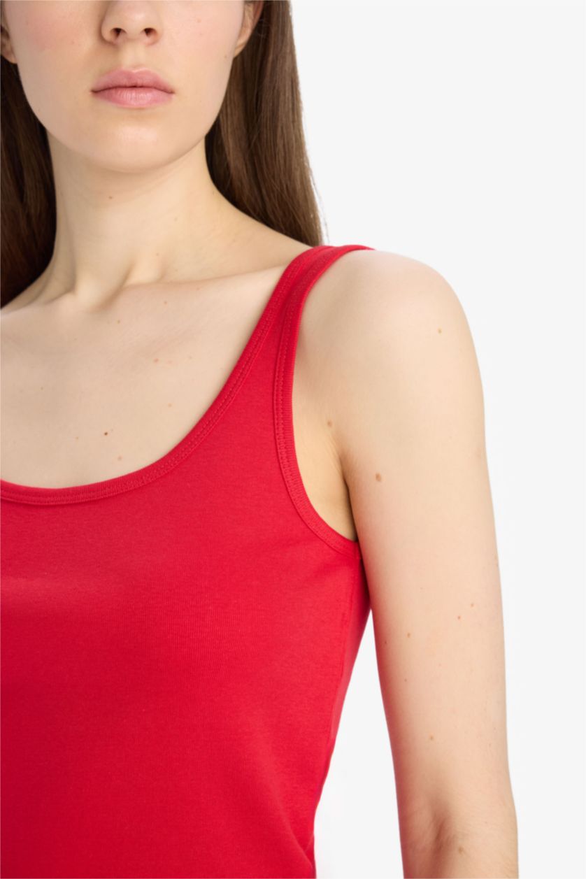 نساء أحمر فانيلة مضلع سليم فيت بياقة مدورة بدون كم بيزك