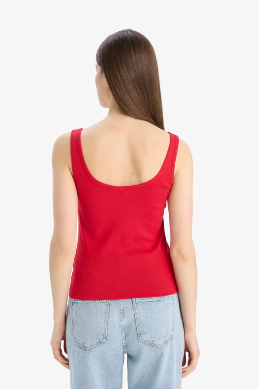 نساء أحمر فانيلة مضلع سليم فيت بياقة مدورة بدون كم بيزك