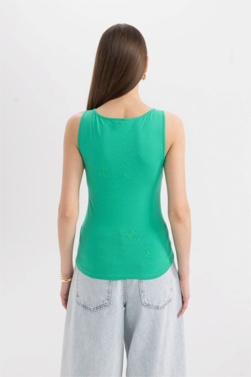 حريمي أخضر تانك توب مضلع سليم فيت بياقة مستديرة بدون كم