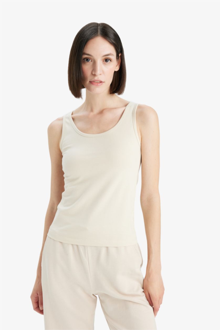 WOMAN Beige Slim Fit Basic Ribana Round Collar Sleeveless Tank Top