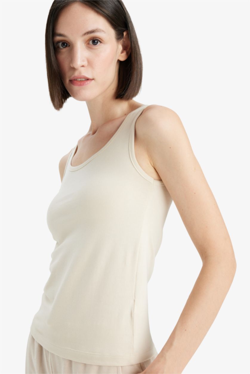 WOMAN Beige Slim Fit Basic Ribana Round Collar Sleeveless Tank Top