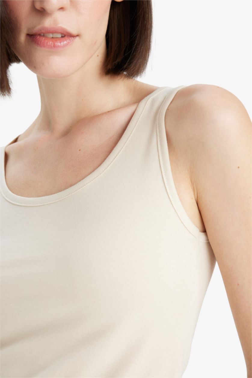 WOMAN Beige Slim Fit Basic Ribana Round Collar Sleeveless Tank Top