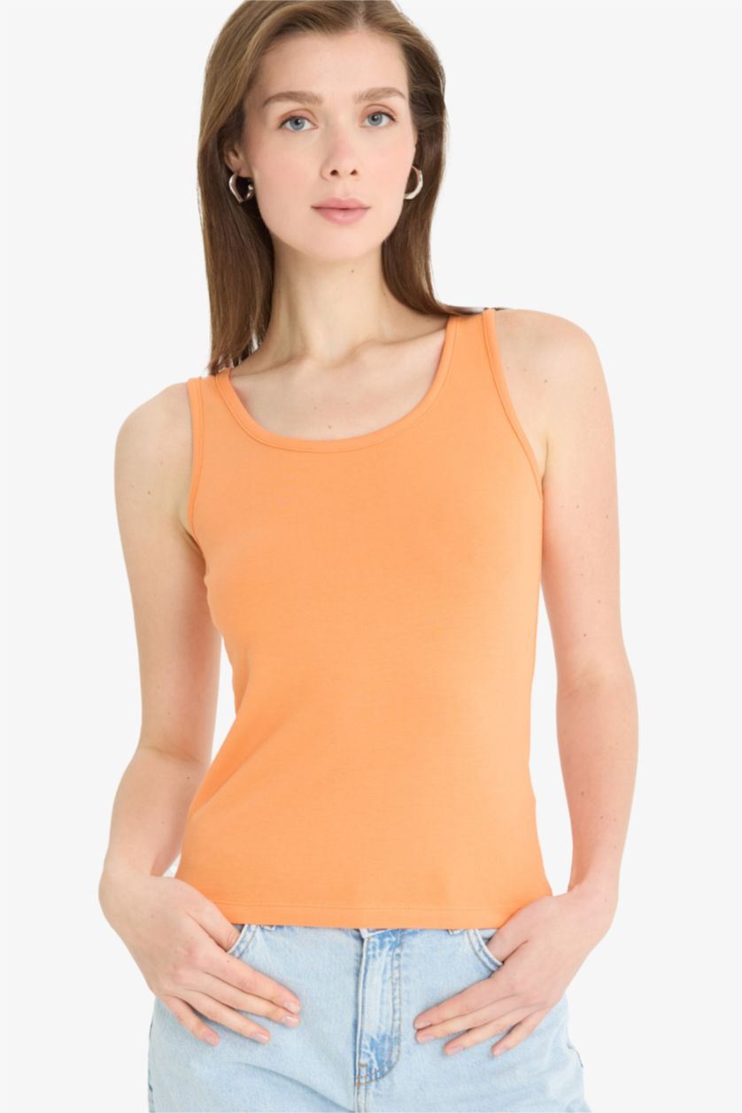 WOMAN Orange Slim Fit Basic Ribana Round Collar Sleeveless Tank Top