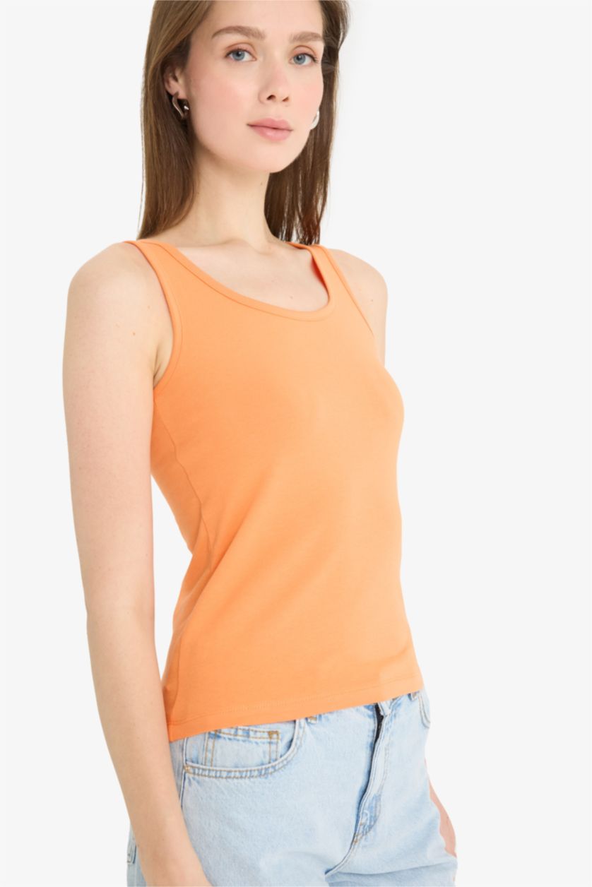 WOMAN Orange Slim Fit Basic Ribana Round Collar Sleeveless Tank Top