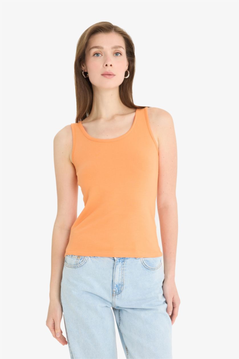 WOMAN Orange Slim Fit Basic Ribana Round Collar Sleeveless Tank Top