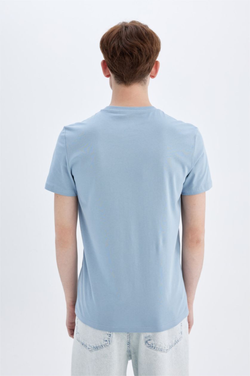 Erkek Açık Mavi %100 Pamuk Slim Fit Dar Kesim Bisiklet Yaka Baskılı Kısa Kollu Tişört
