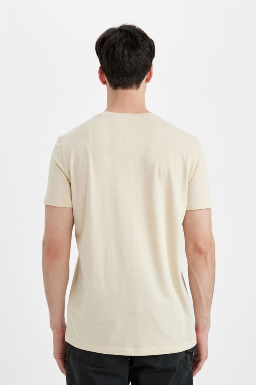 رجالي بيج تيشيرت سليم فيت مطبوع برقبة مستديرة