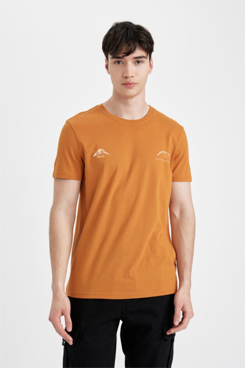 MAN Dark Orange Slim Fit Crew Neck Printed Short Sleeve T-Shirt