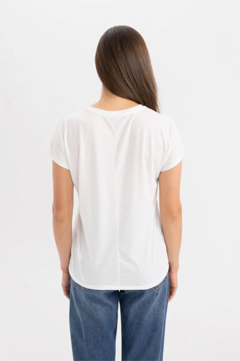 Kadın Ekru Bisiklet Yaka Baskılı Kısa Kollu Tişört