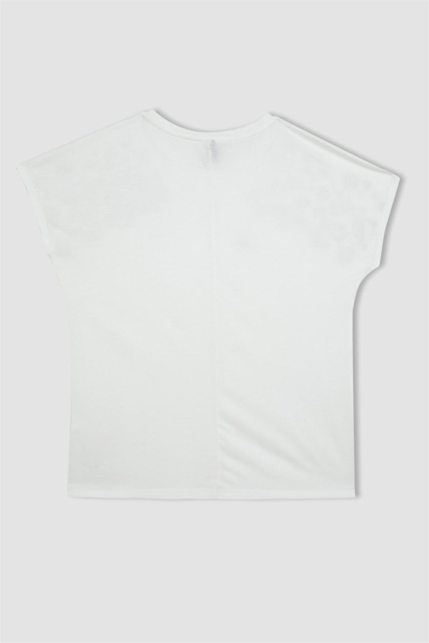 Kadın Ekru Bisiklet Yaka Baskılı Kısa Kollu Tişört