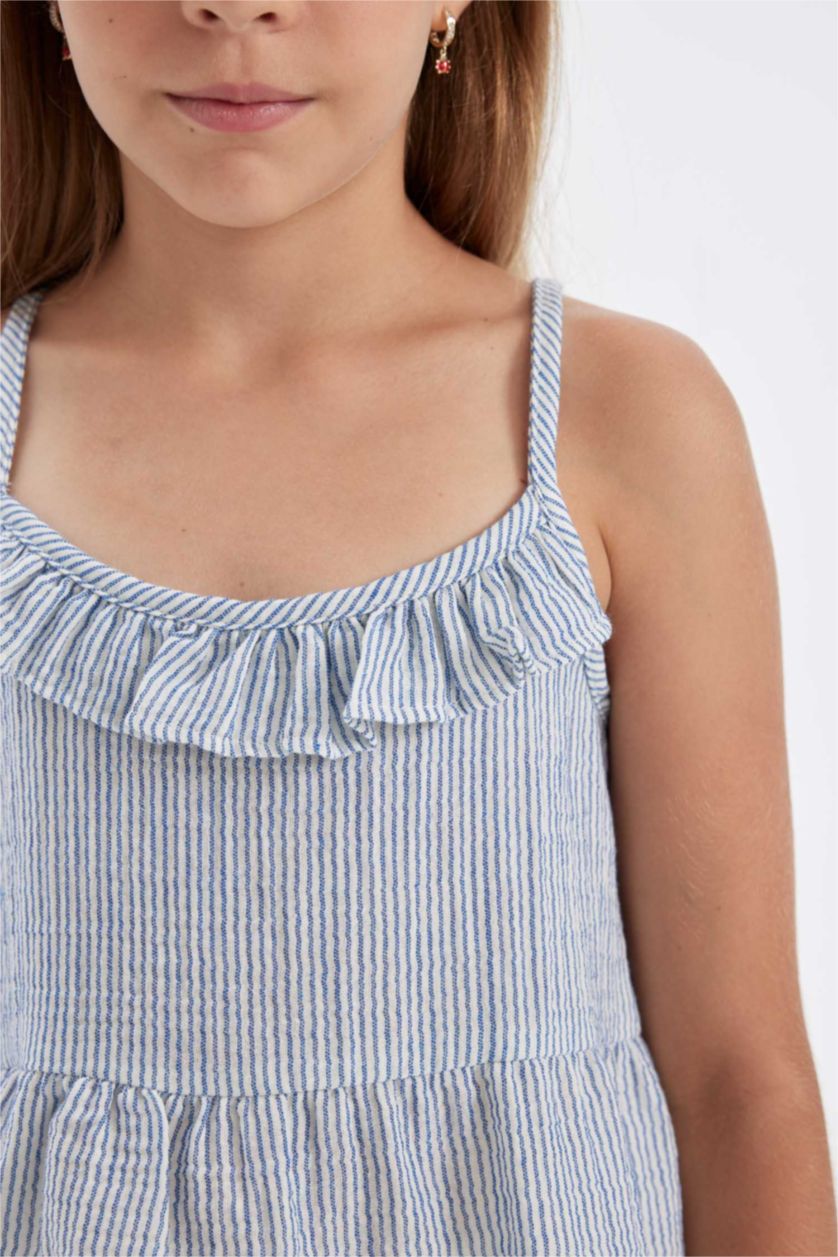 بنات أزرق فاتح بلوزة بناتي قطن بحمالات وياخة مكشكشة