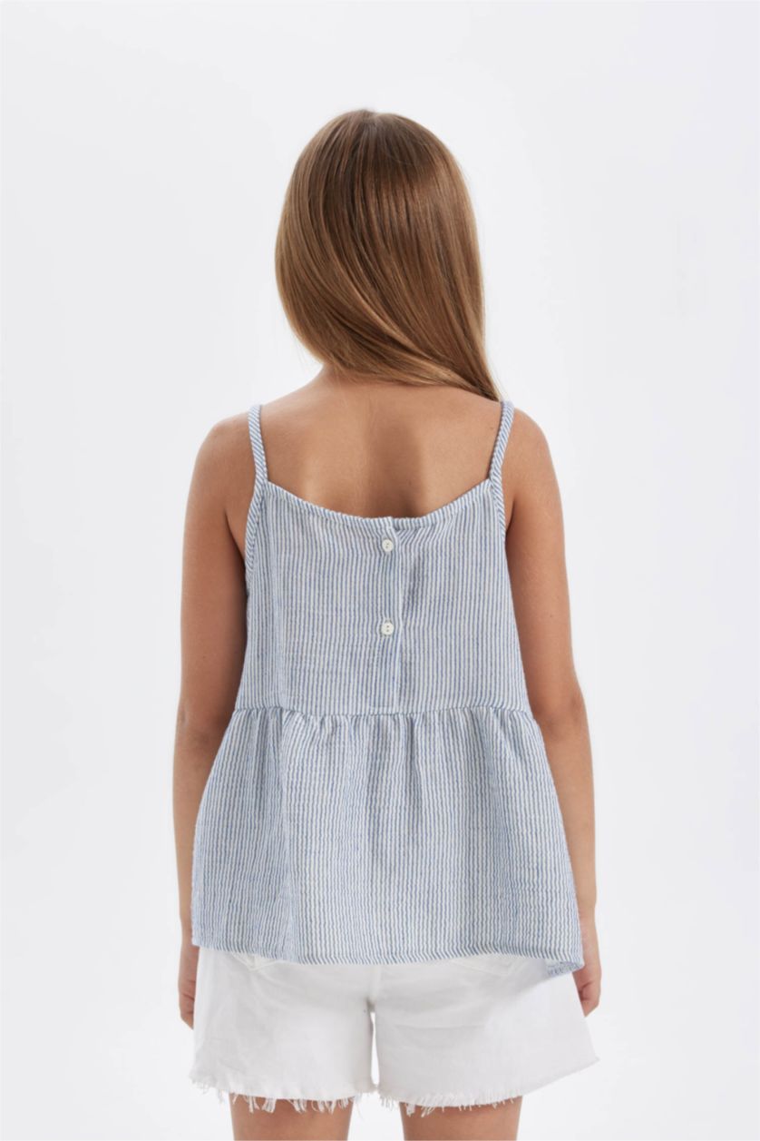 بنات أزرق فاتح بلوزة بناتي قطن بحمالات وياخة مكشكشة