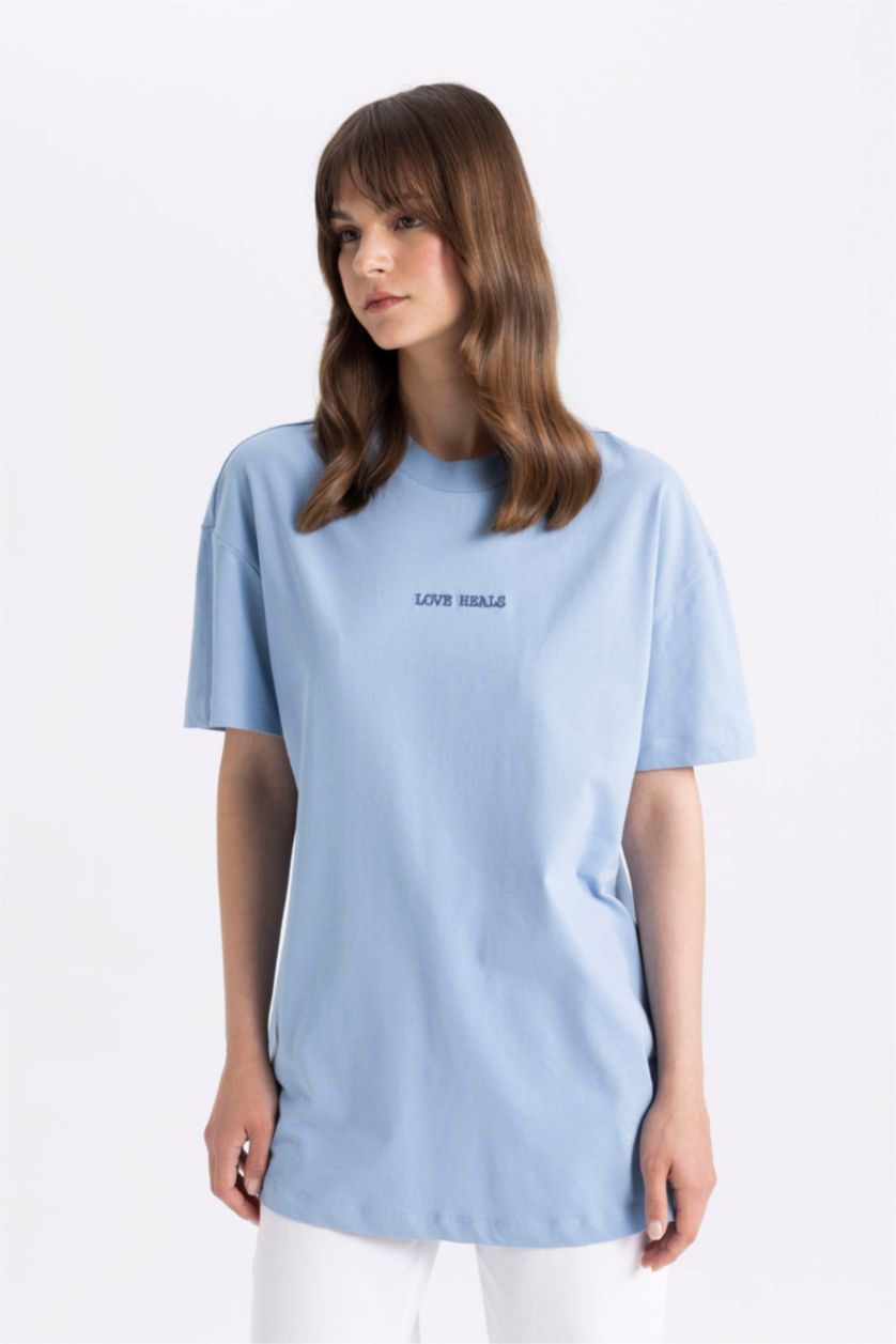 حريمي أزرق فاتح تونيك تيشيرت نص كم قصة عادية بياقة مستديرة