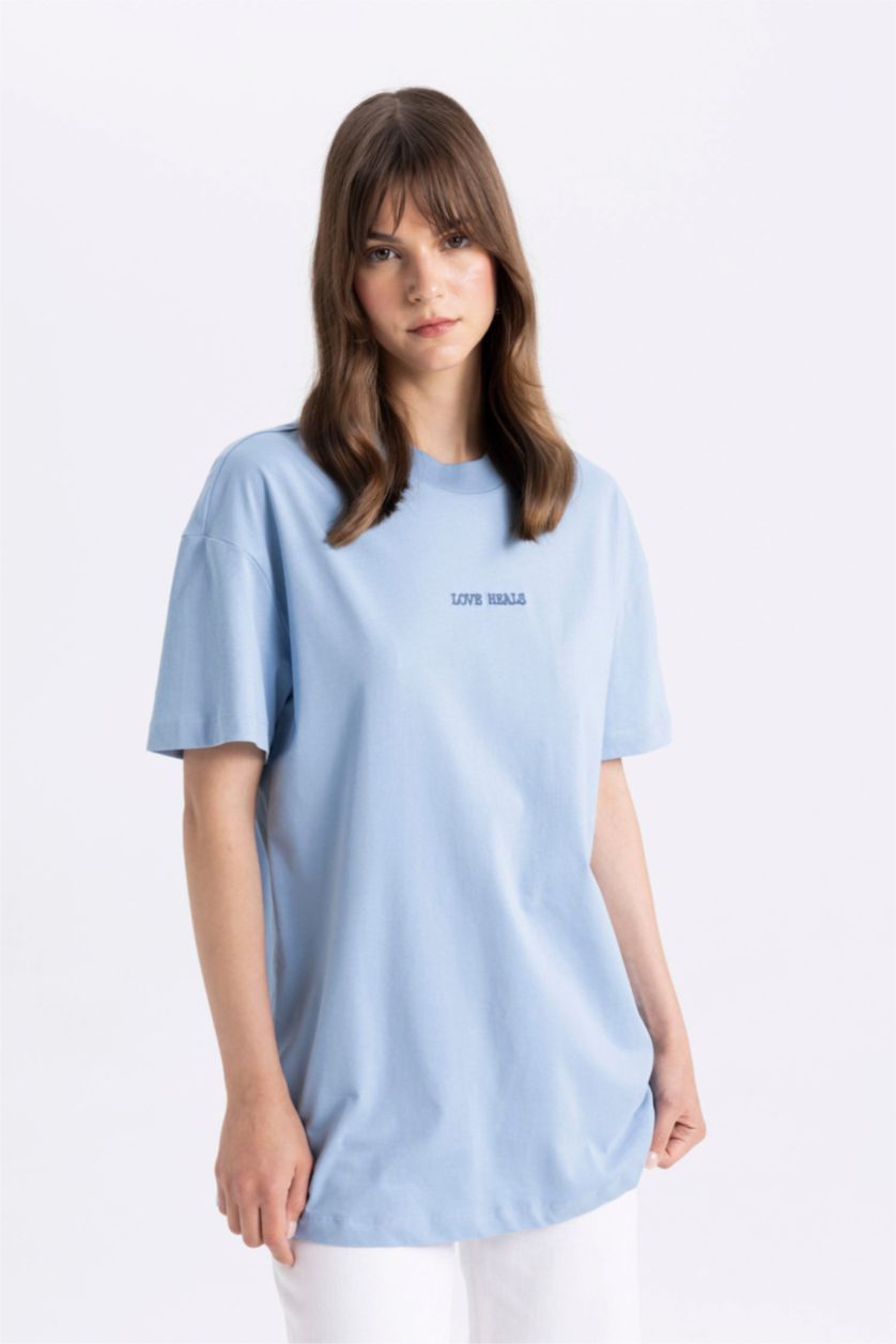 حريمي أزرق فاتح تونيك تيشيرت نص كم قصة عادية بياقة مستديرة