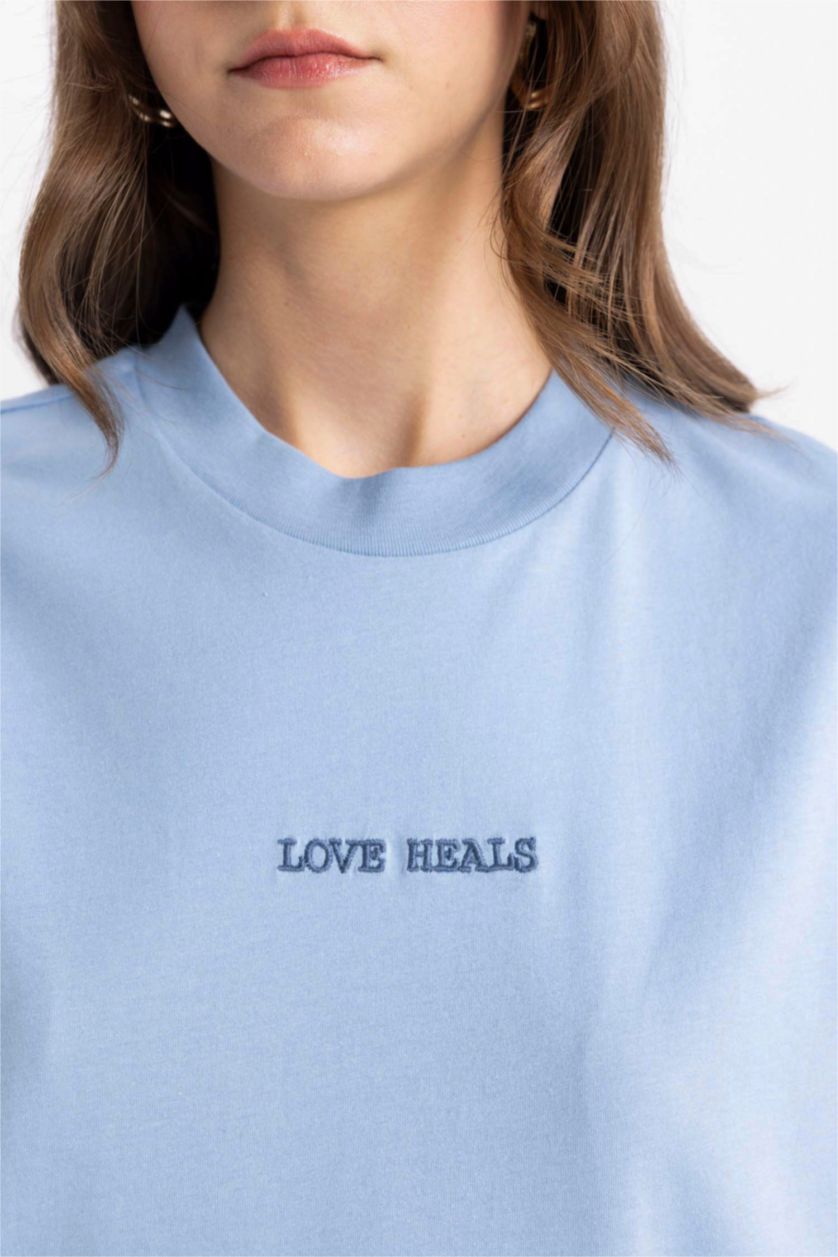 حريمي أزرق فاتح تونيك تيشيرت نص كم قصة عادية بياقة مستديرة